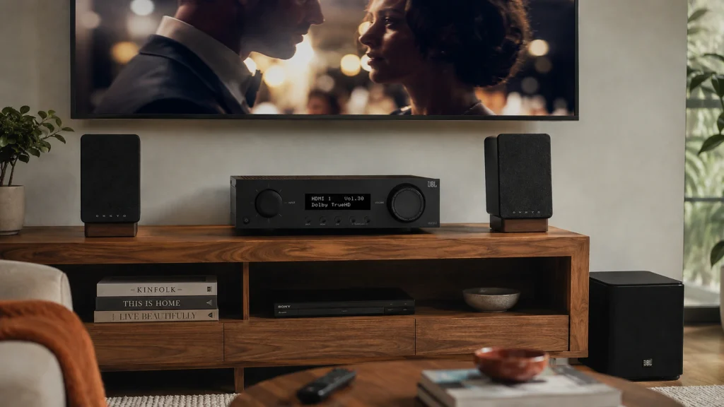 JBL MA310 AV receiver in a modern minimalist living room home theater setup with bookshelf speakers, subwoofer, and wall-mounted 4K TV