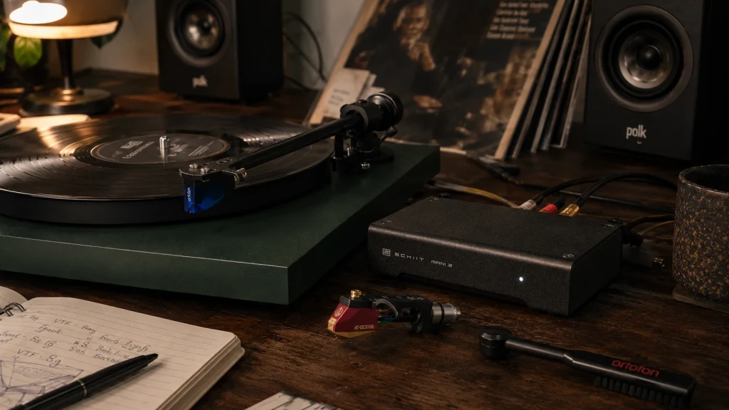 MM vs MC phono cartridge workspace editorial showing Ortofon 2M Blue and Audio-Technica AT-OC9XML cartridges beside a Schiit Mani 2 phono preamp on a Pro-Ject Debut Carbon EVO turntable setup