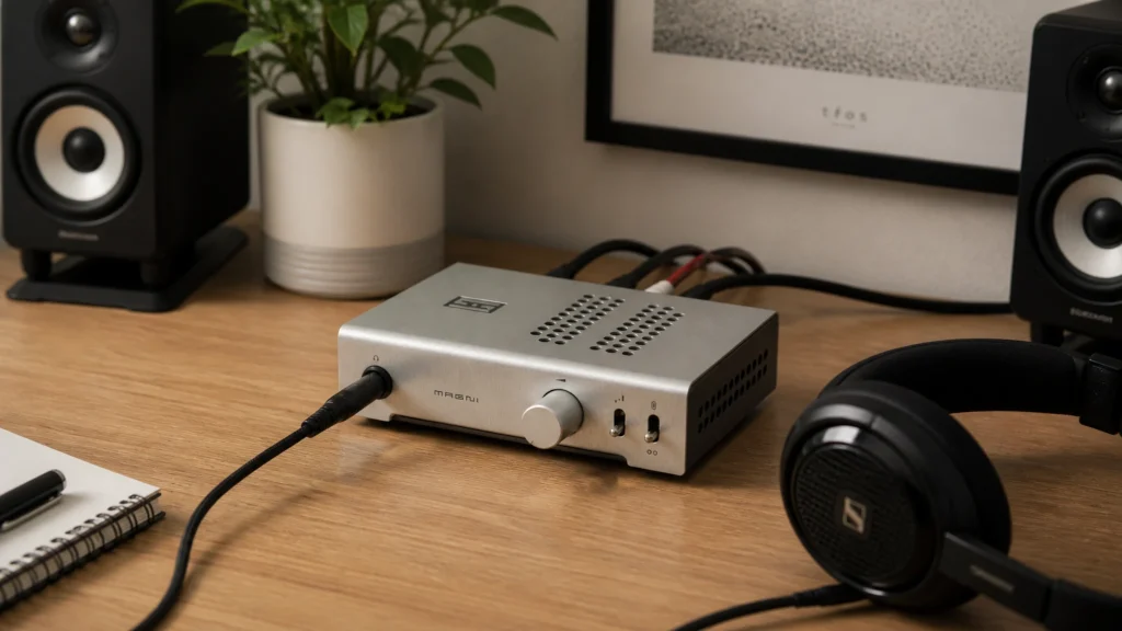Schiit Magni Unity silver aluminium headphone amplifier connected to Sennheiser headphones with bookshelf speakers on a wooden desk