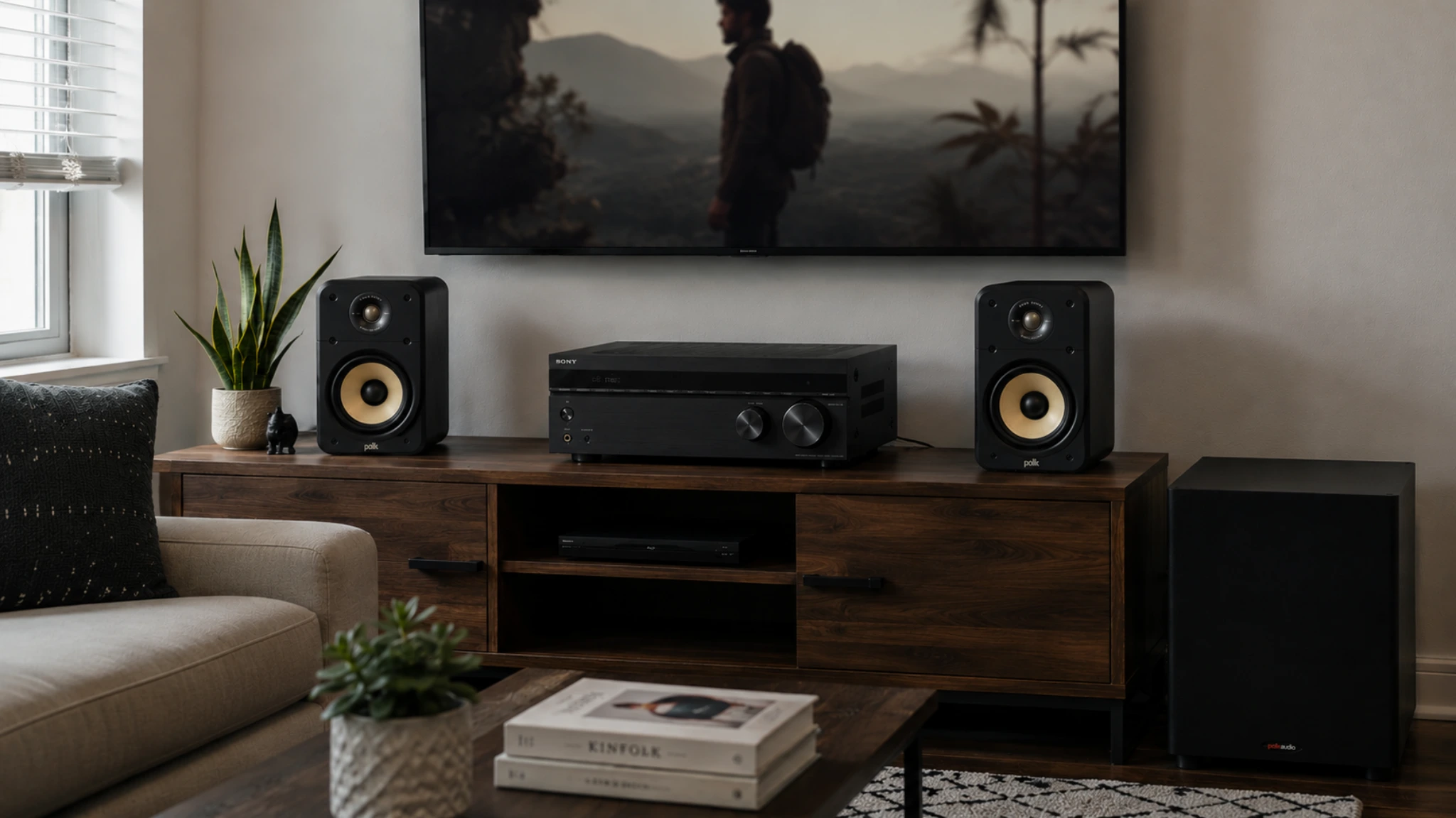Sony AV receiver home theater setup in a modern living room with Polk bookshelf speakers, subwoofer, and wall-mounted 4K TV