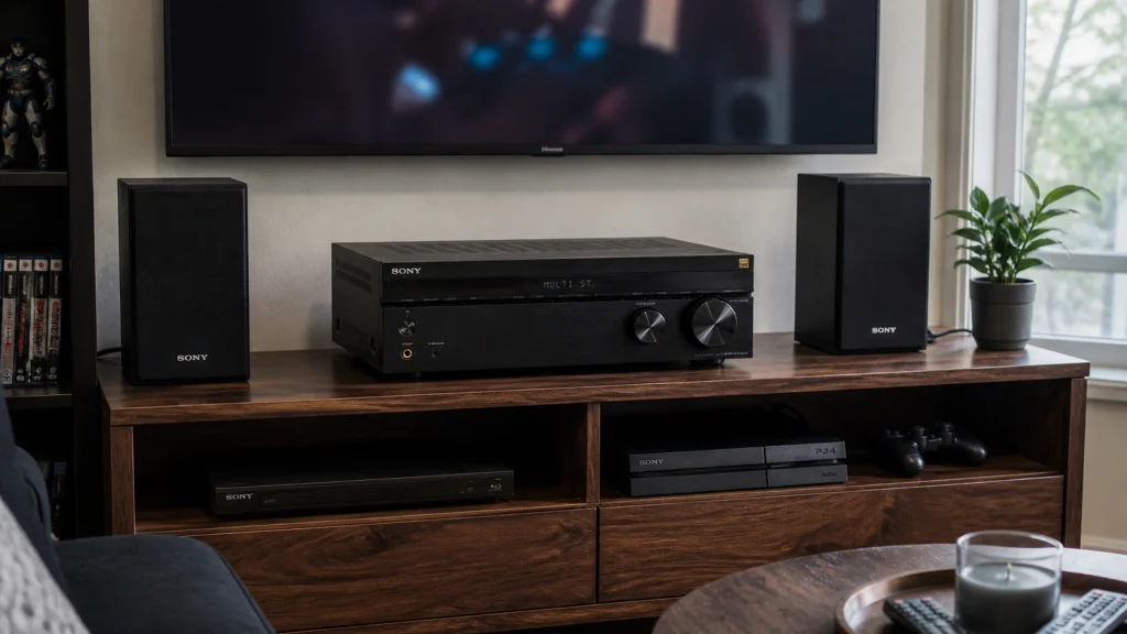 Sony STR-DH590 AV receiver in a realistic apartment home theater setup with Sony bookshelf speakers and wall-mounted 4K TV