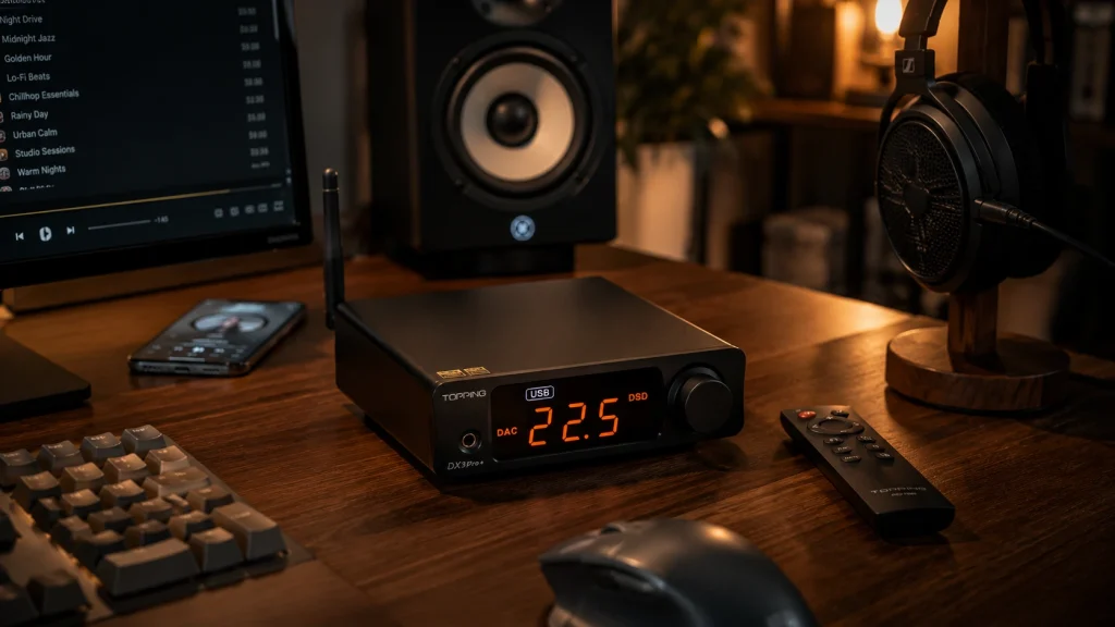 Topping DX3 Pro+ wireless desktop DAC and headphone amplifier on a warm wooden desk beside headphones, remote control, keyboard, and desktop speakers