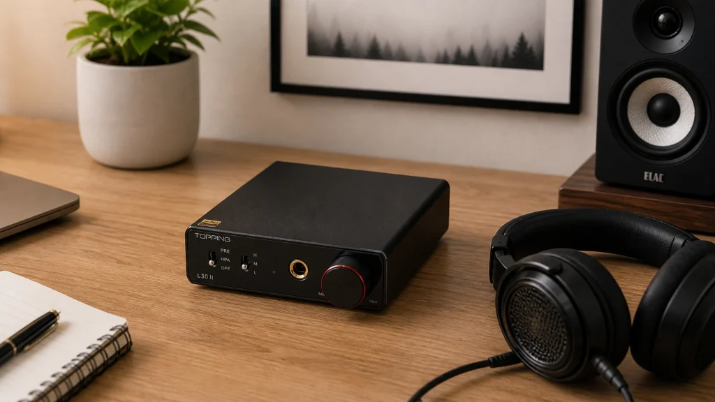 Topping L30 II headphone amplifier on a wooden desk beside open-back headphones and an ELAC bookshelf speaker