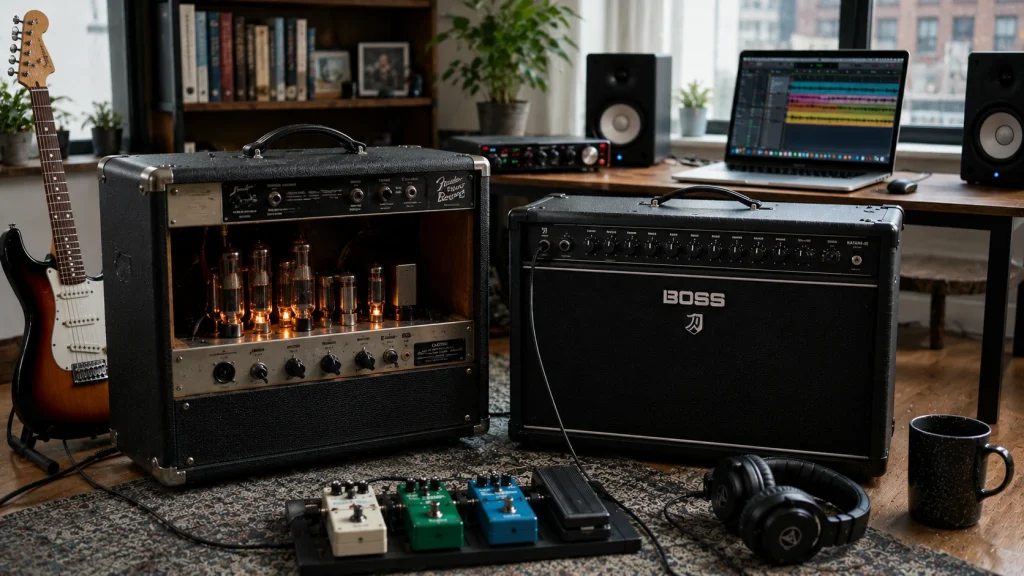 Tube vs solid state guitar amp comparison in a daylight home studio featuring glowing vacuum tubes beside a modern solid state combo amp