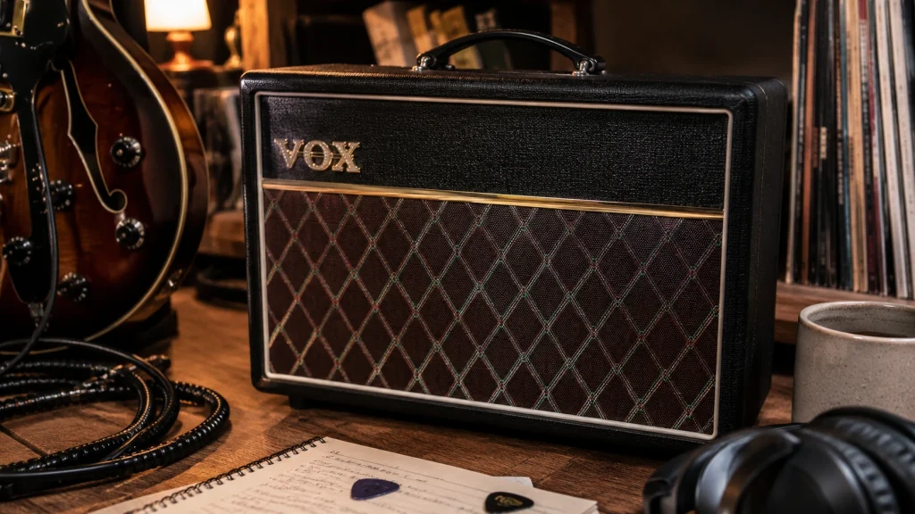 Vox Pathfinder 10 close-up lifestyle setup beside semi-hollow electric guitar with vinyl records and warm apartment lighting