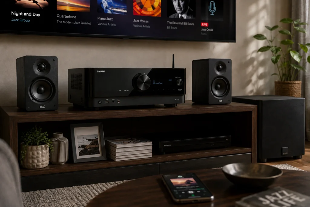 Yamaha RX-V4A MusicCast AV receiver in a realistic home theater setup with bookshelf speakers, subwoofer, and smartphone music streaming control