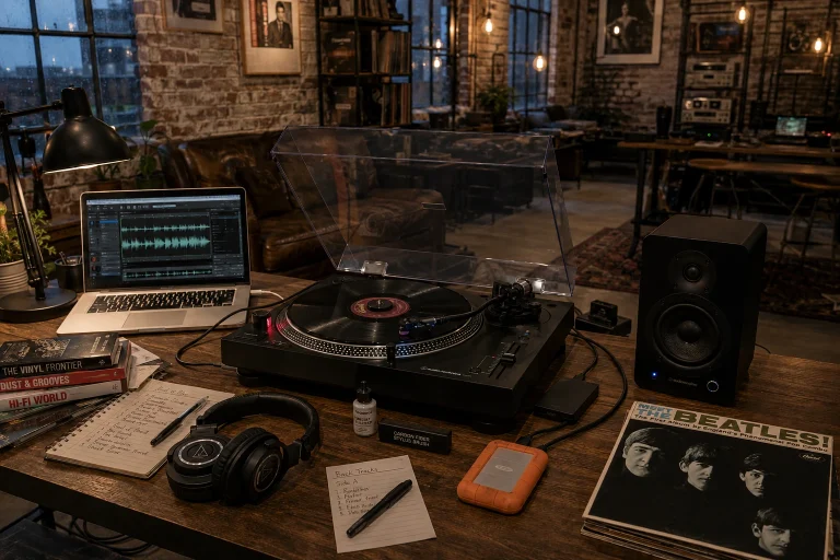 Audio-Technica AT-LP120XBT-USB turntable in an industrial loft vinyl archiving and listening workspace