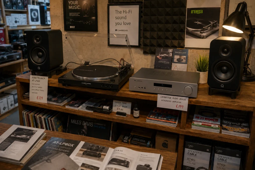 Audio-Technica AT-LP60X turntable in a beginner hi-fi retailer demo station with Cambridge Audio AXA35 amplifier and bookshelf speakers