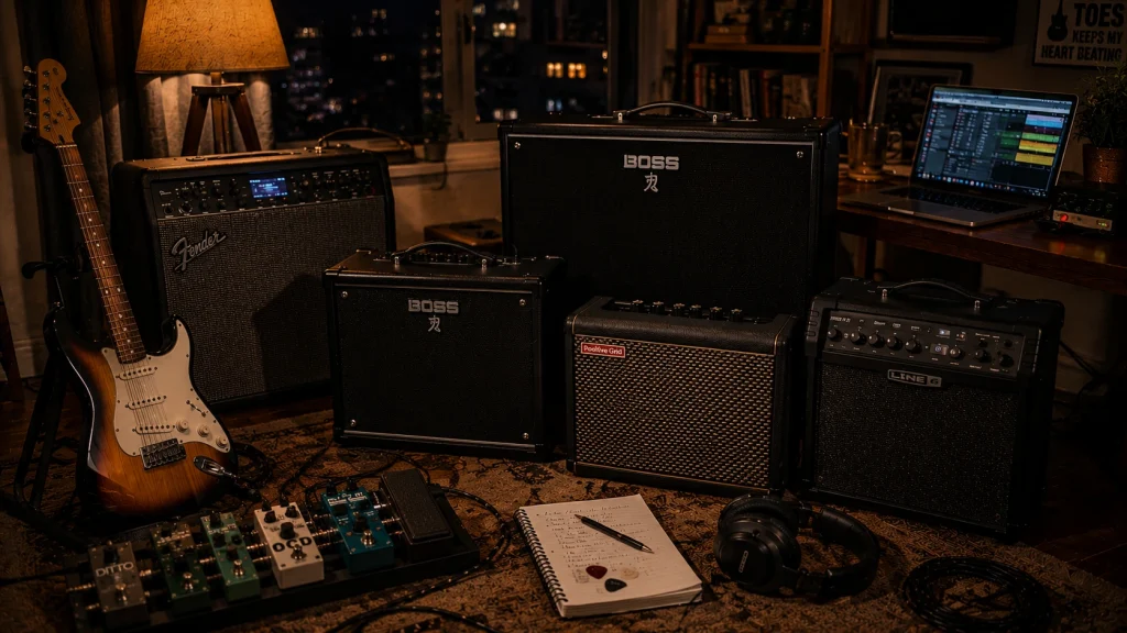 Modern modelling guitar amps including Boss Katana-100 Gen 3, Fender Mustang LT25, Positive Grid Spark 40, Boss Katana-50 Gen 3, and Line 6 Spider V arranged inside a cozy late-night apartment home studio