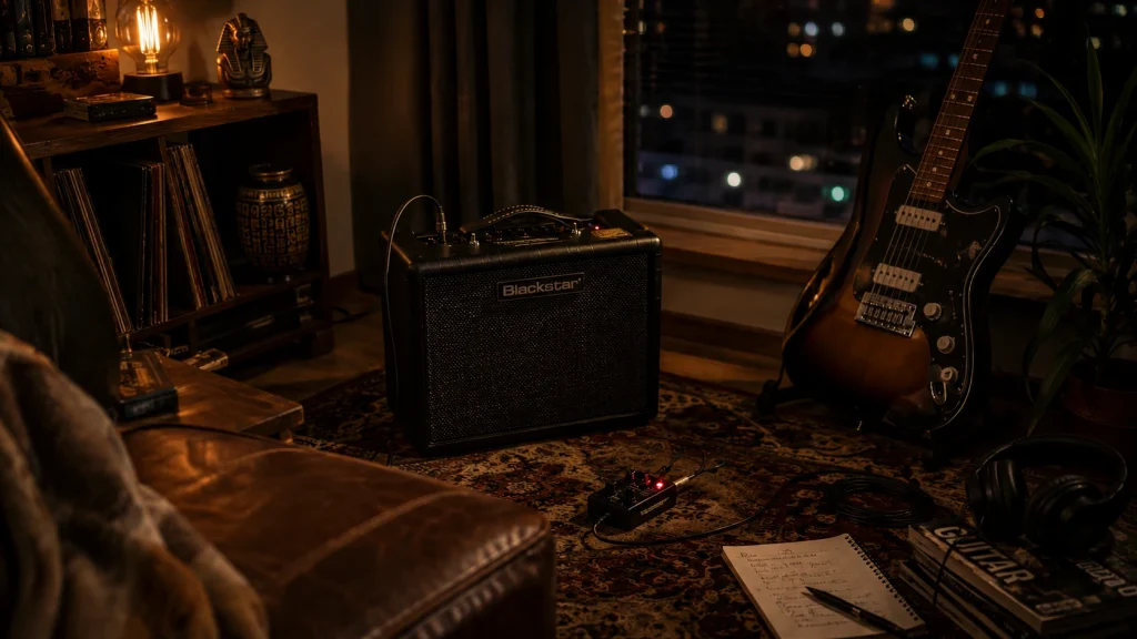 Blackstar HT-1R MkIII all-tube guitar amp glowing warmly in a moody late-night apartment music corner with electric guitar, vinyl shelf, and Egyptian-inspired decor