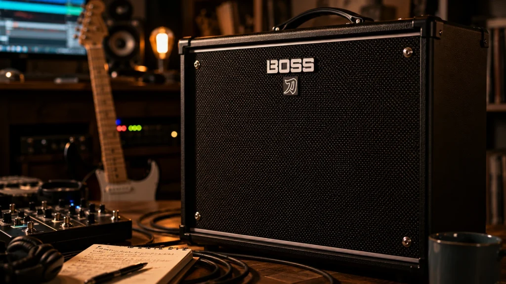 Boss Katana-100 Gen 3 in a cozy apartment bedroom studio with pedalboard, Strat-style guitar, DAW desk setup, and warm late-night recording atmosphere