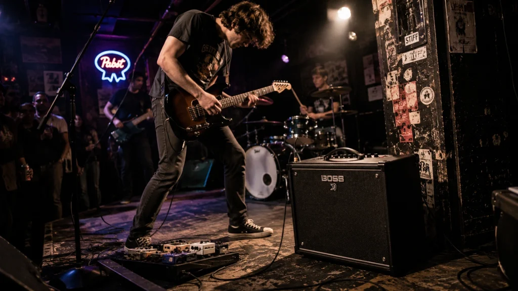 Boss Katana-50 Gen 3 combo guitar amp on a small underground nightclub stage during a live indie rock performance with guitarist, pedalboard, and intimate crowd