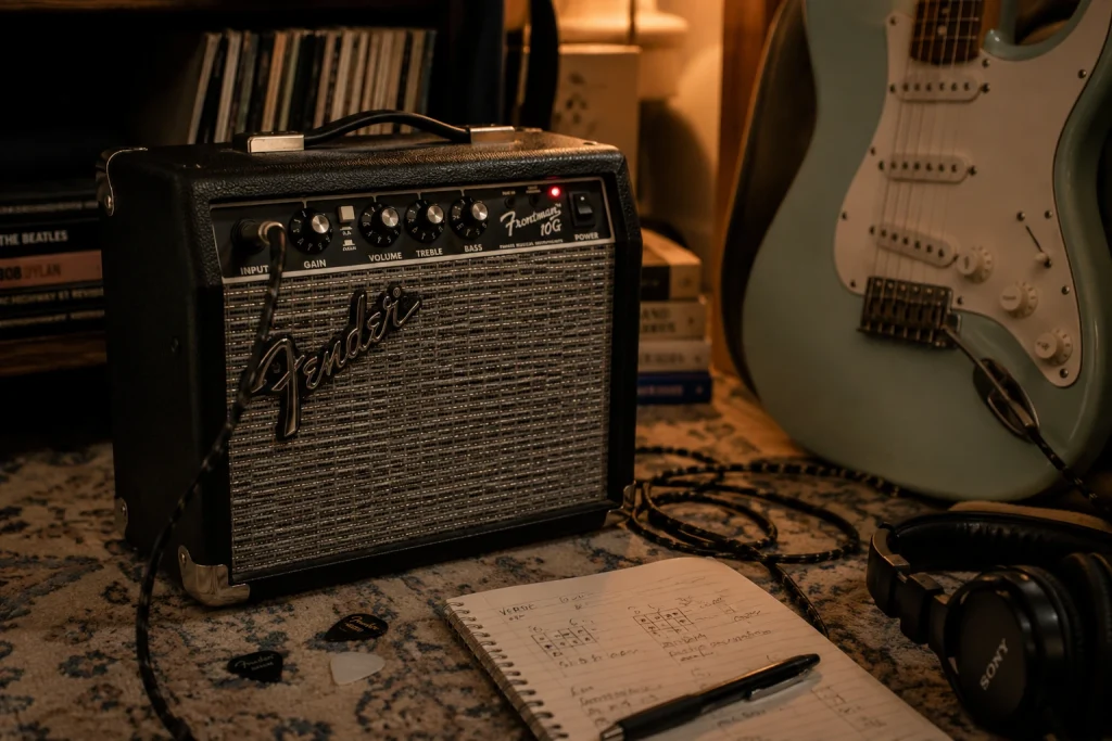 Fender Frontman 10G close-up during a late-night bedroom guitar practice session beside a Stratocaster-style electric guitar