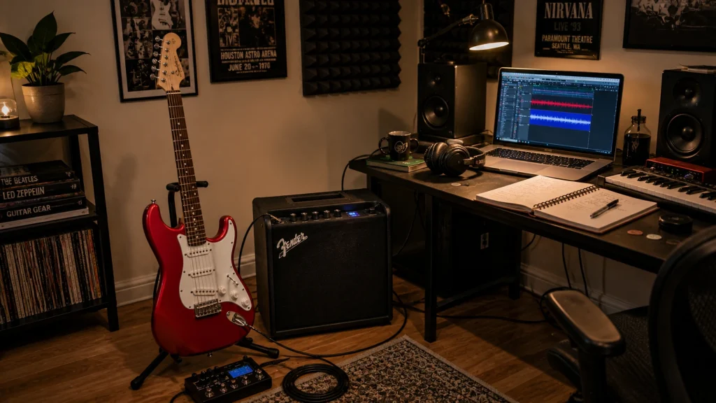Fender Mustang LT25 modelling guitar amp connected to a laptop for USB home recording in a cozy bedroom studio with red Stratocaster-style guitar and desktop music production setup
