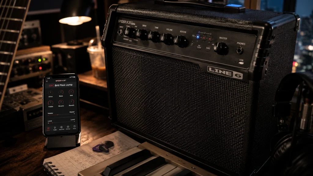 Line 6 Spider V 20 MkII close-up with Spider Remote app on iPhone stand beside modelling amp during bedroom recording session