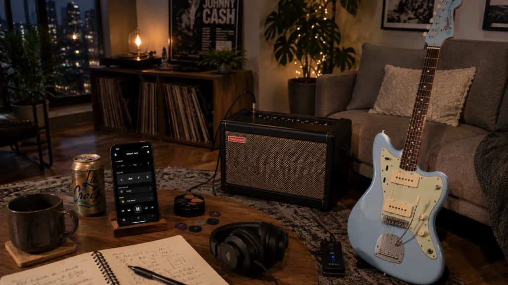 Positive Grid Spark 40 smart guitar amp in a cozy apartment living room with smartphone app showing AI backing tracks and smart jam practice features