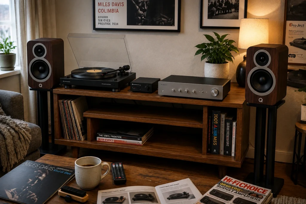 Complete vinyl setup for beginners with turntable, phono preamp, Cambridge Audio amplifier, and Q Acoustics 3030i bookshelf speakers