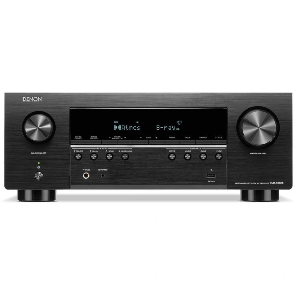 Denon AVR-S980H 7.2-channel AV receiver front view with display, volume knob, HDMI USB port, and source controls