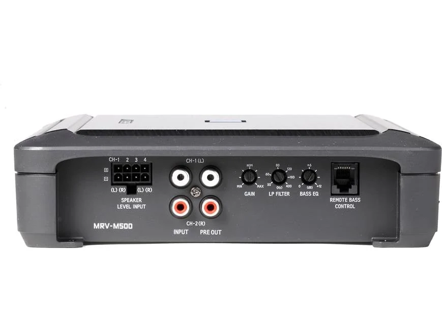 Alpine MRV-M500 rear panel showing gain, low-pass filter, bass EQ, RCA inputs, pre-outs, and remote bass control