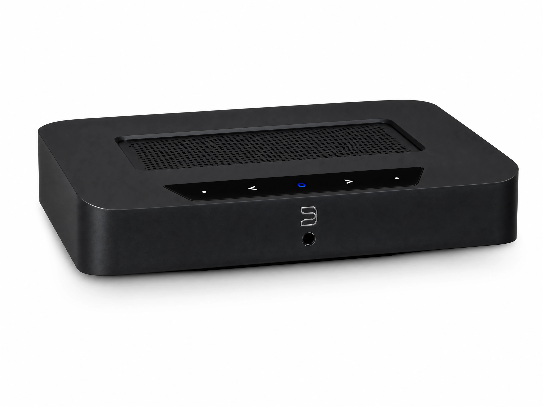 Three-quarter front view of the black Bluesound POWERNODE EDGE streaming amplifier on a white background