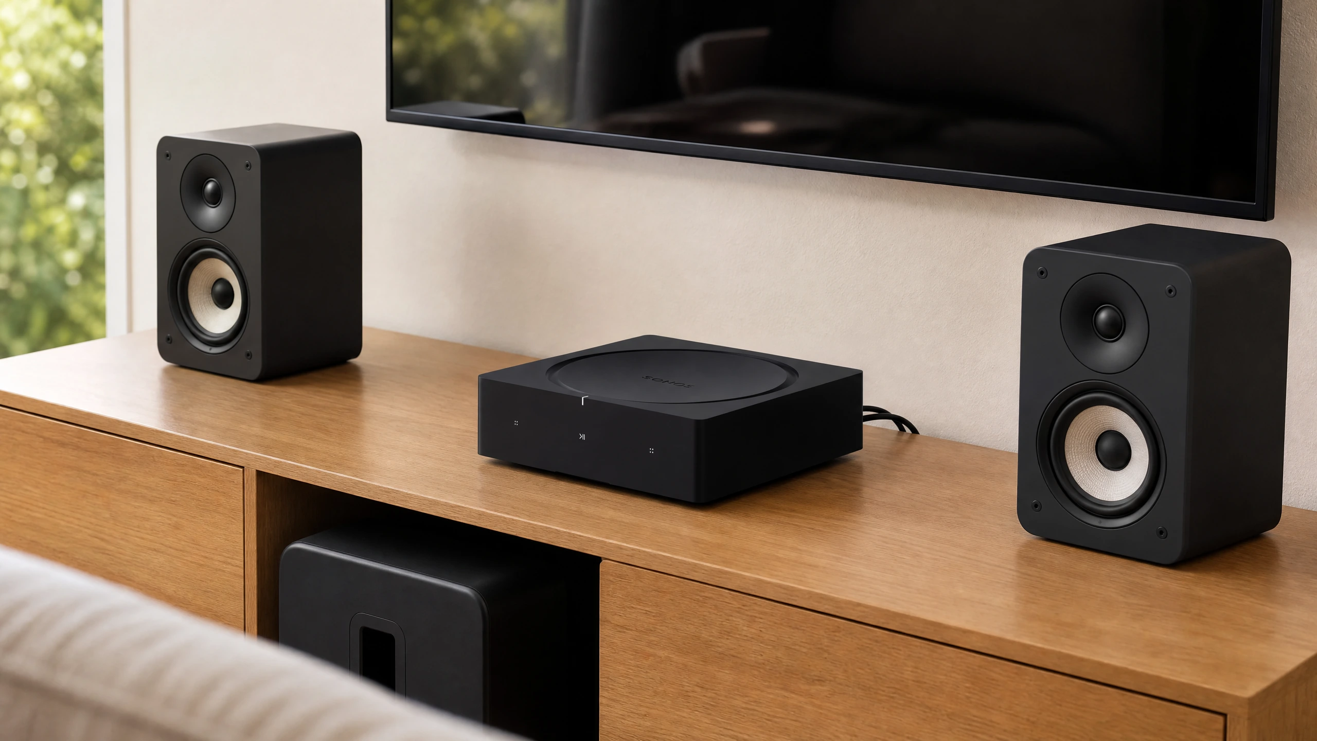 Black Sonos Amp powering passive bookshelf speakers beneath a television in a modern living room
