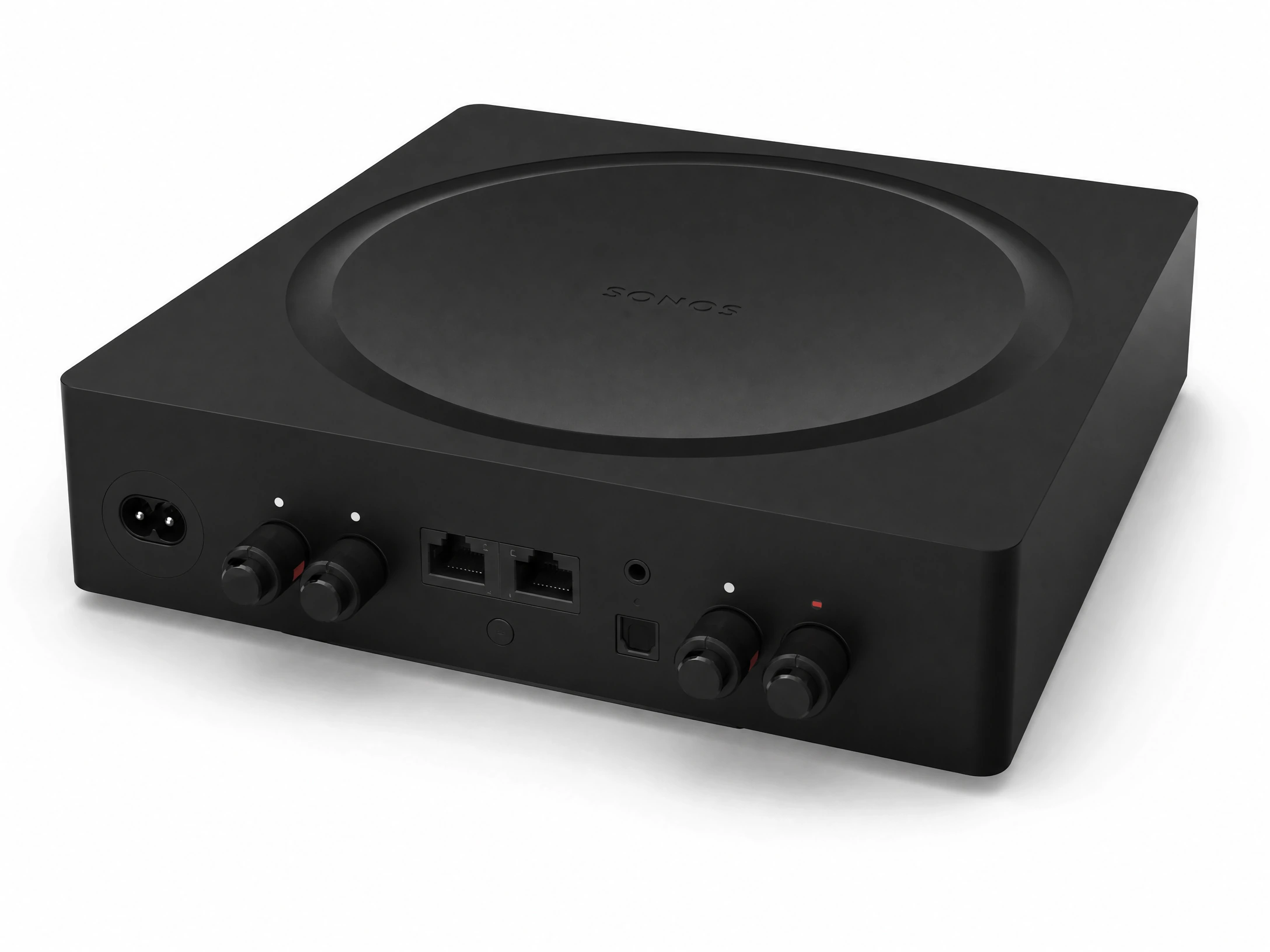 Rear three-quarter view of the Sonos Amp streaming amplifier showing its top panel, front controls, and rear connection housing