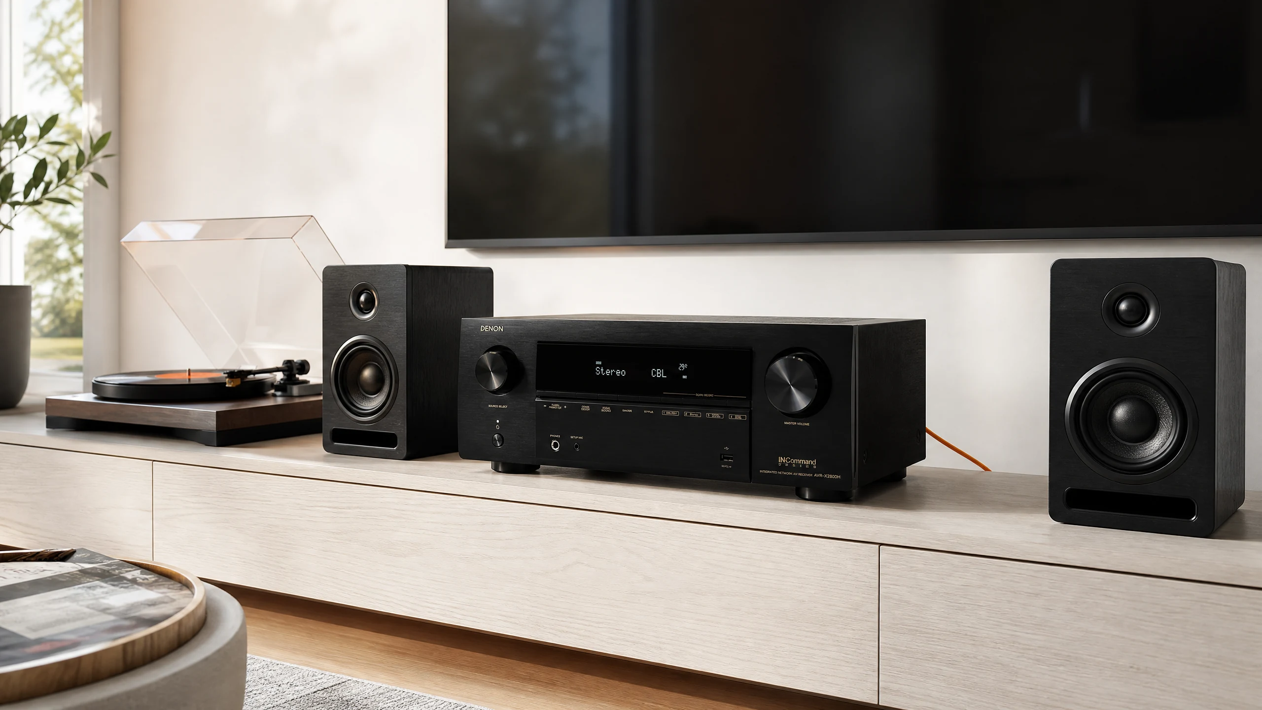 A Denon-style AV receiver in a music listening room with bookshelf speakers and a turntable
