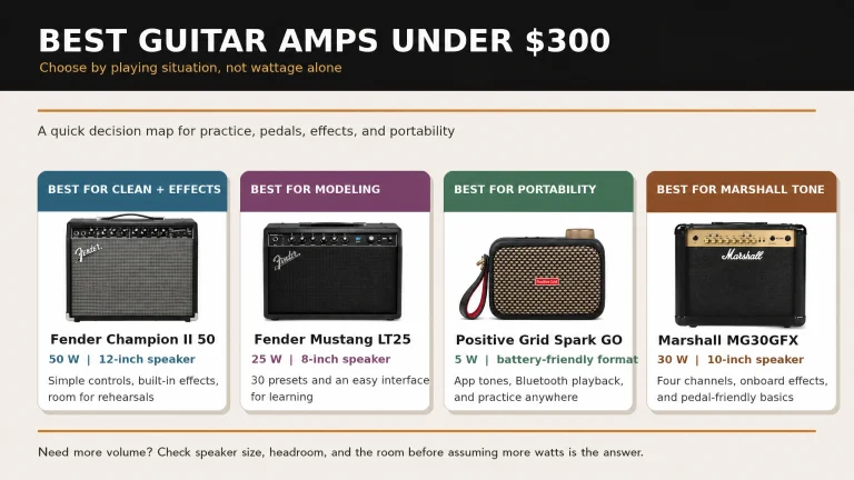 Decision guide comparing Fender Champion II 50, Fender Mustang LT25, Positive Grid Spark GO, and Marshall MG30GFX guitar amps under $300