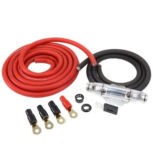 Close-up of car amplifier wiring kit fuse holder and ring terminals