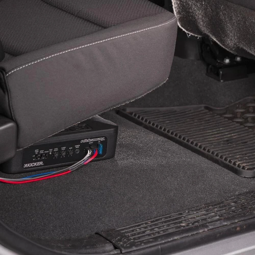 Compact car amplifier mounted in tight under-seat installation