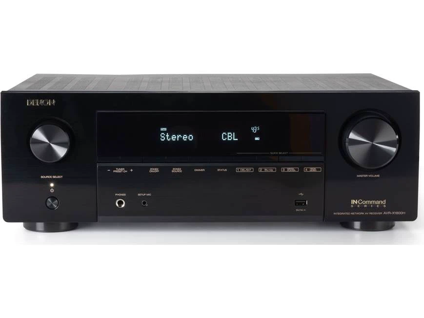 Denon AVR-X1800H front view showing the display, volume control, source selector, and headphone output