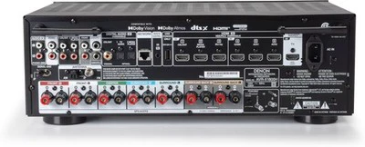 Denon AVR-X1800H rear panel showing HDMI, speaker, optical, coaxial, phono, and subwoofer connections