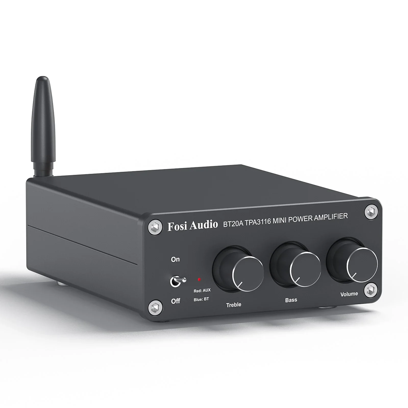 Fosi Audio BT20A compact Bluetooth stereo amplifier with passive speakers in a desktop setup