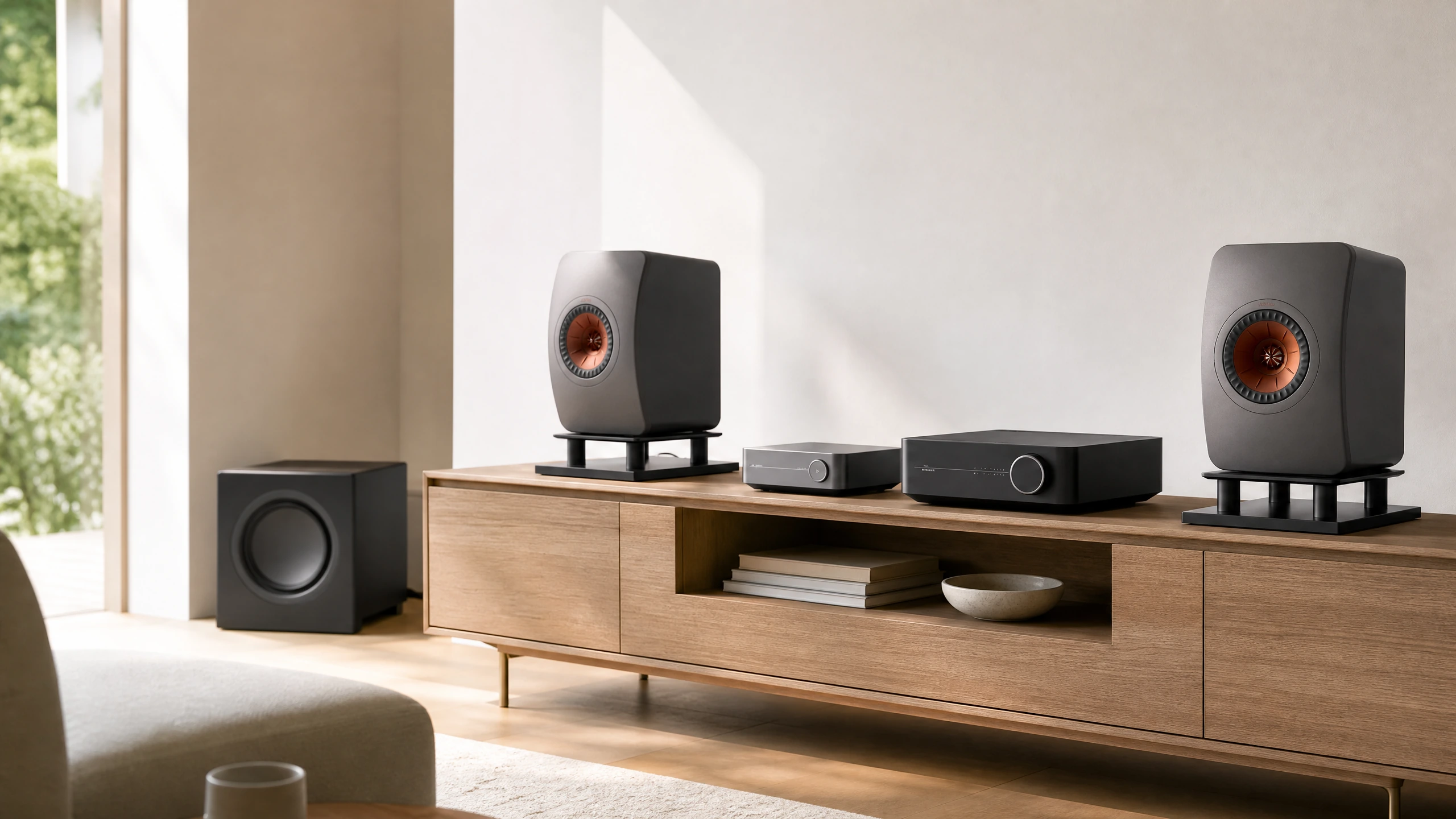 KEF bookshelf speakers with compact streaming amplifiers on a living-room console