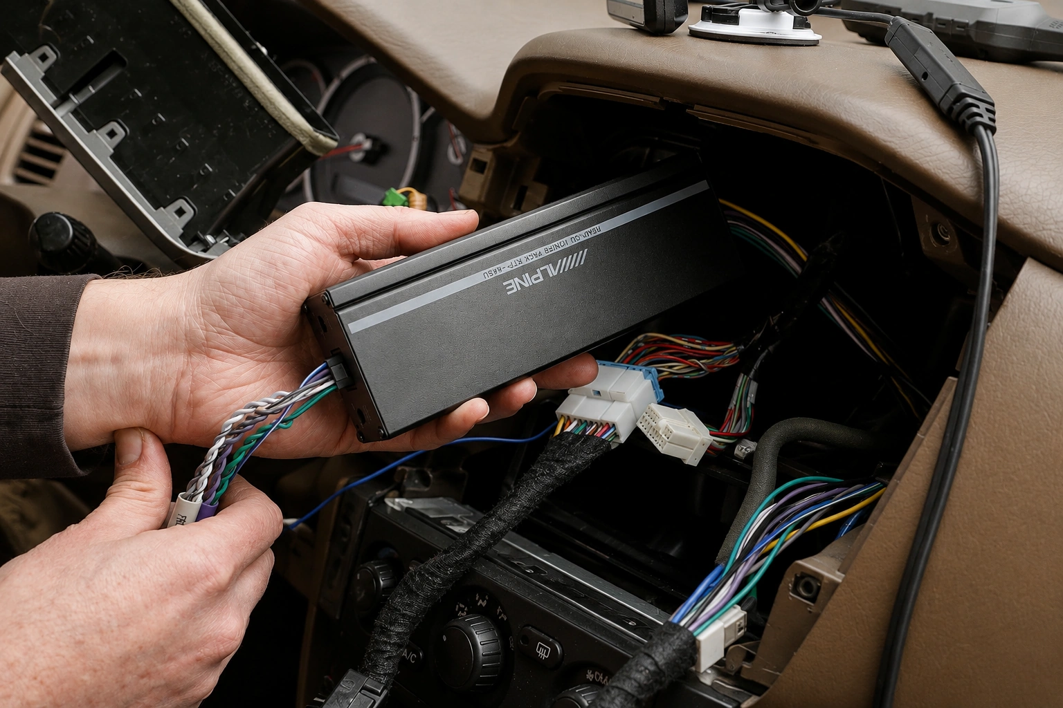 Micro car amplifier mounted behind head unit
