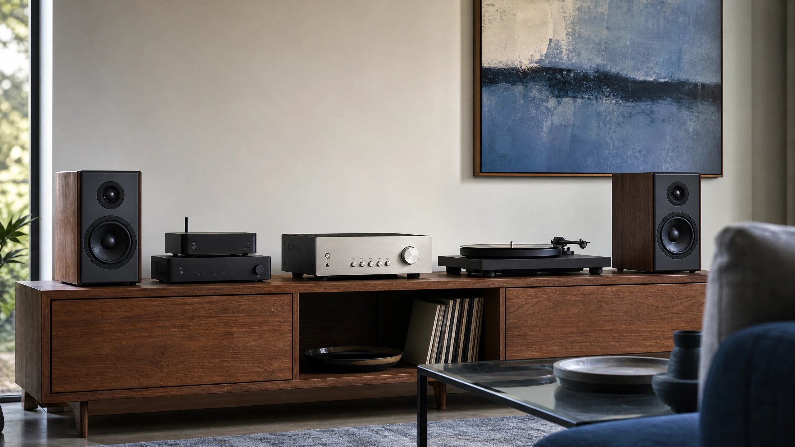 Modern stereo system with streaming amplifiers and bookshelf speakers
