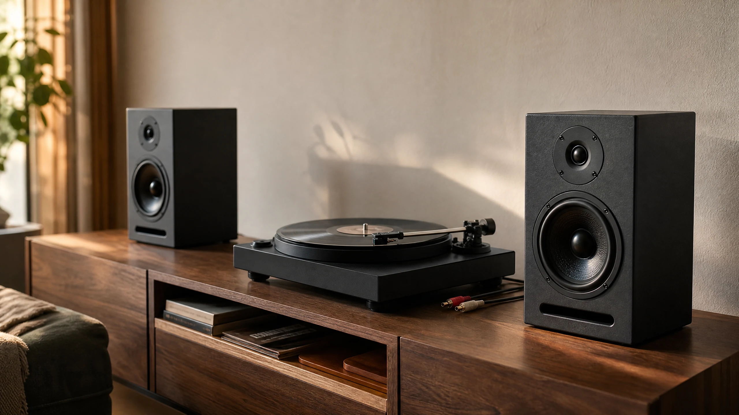 Turntable connected beside a pair of powered bookshelf speakers