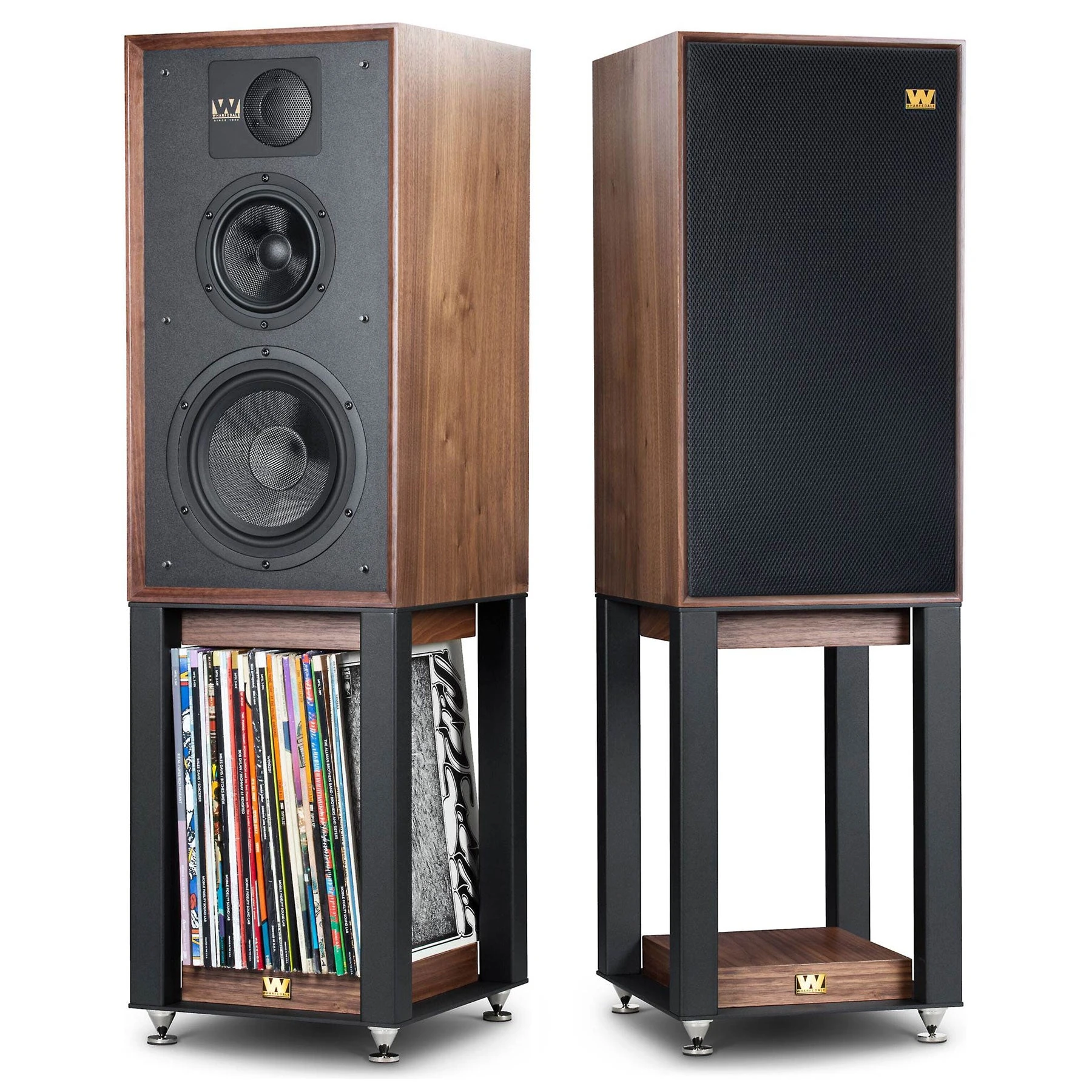 Wharfedale Linton 85th Anniversary Walnut speakers with matching stands, front and grille views