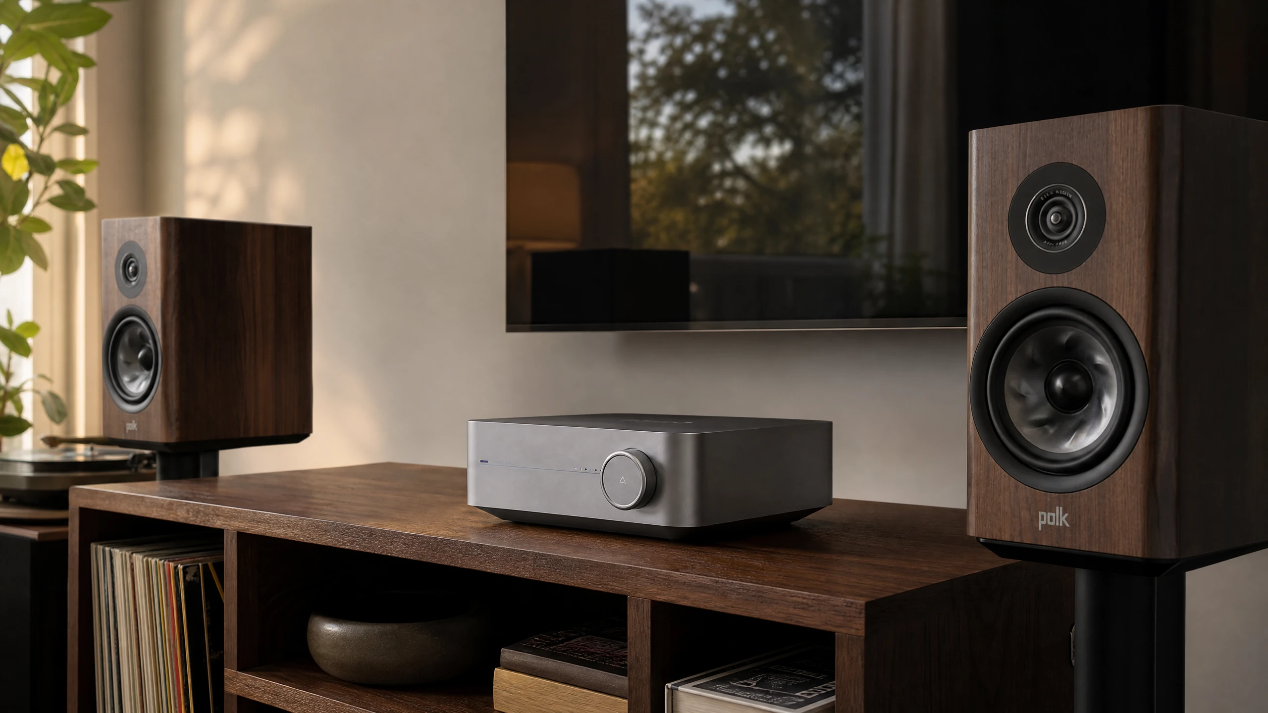 WiiM Amp Pro on a walnut media console between Polk Reserve R200 bookshelf speakers in a modern living room