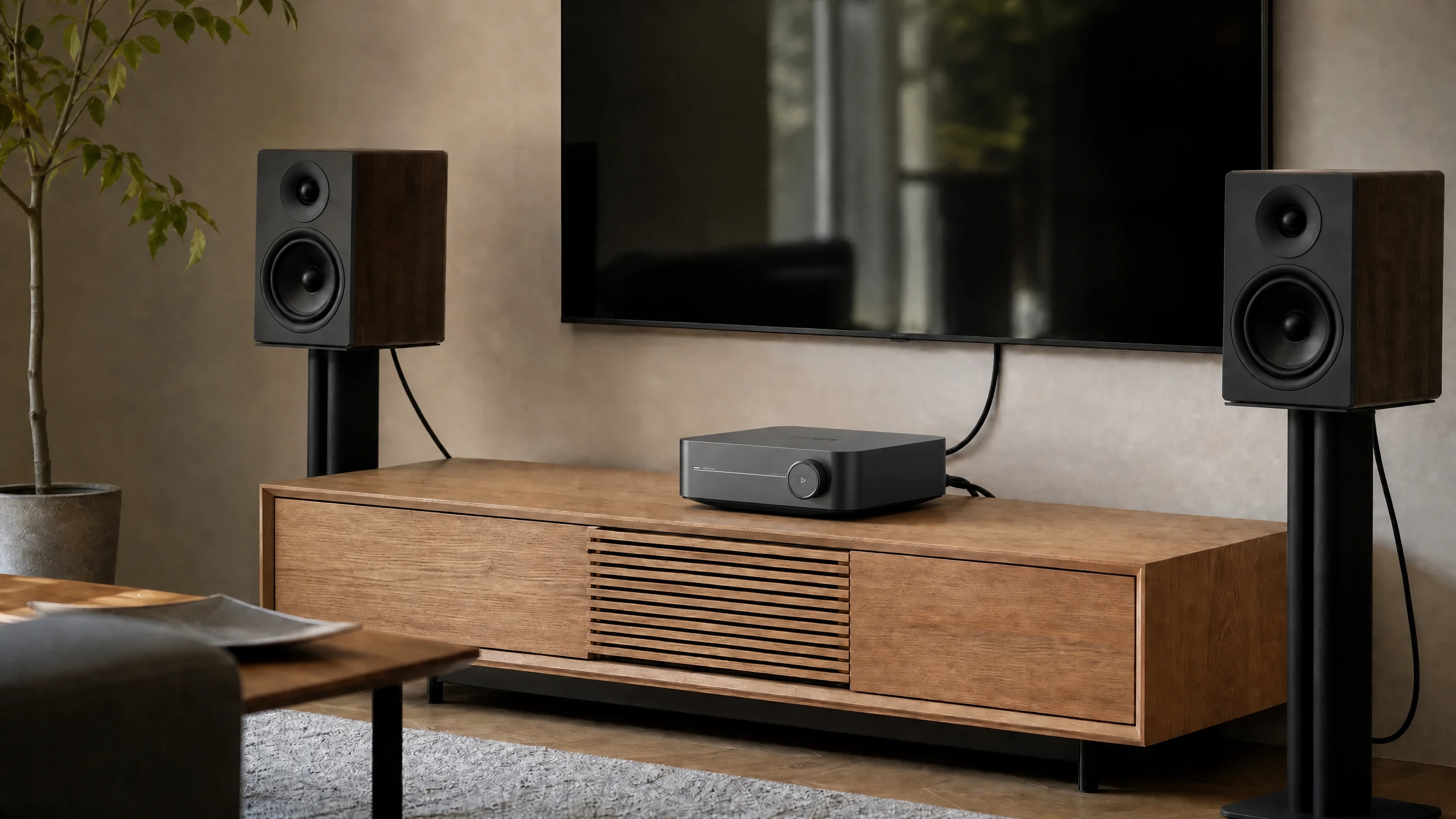 WiiM Amp in Space Gray on a living-room media console beneath a TV between bookshelf speakers