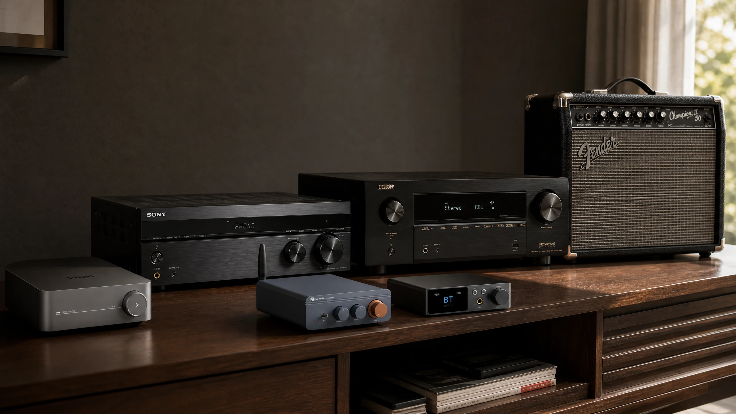 Amplifier deals guide showing streaming, stereo, compact Bluetooth, AV, guitar, and car amplifiers