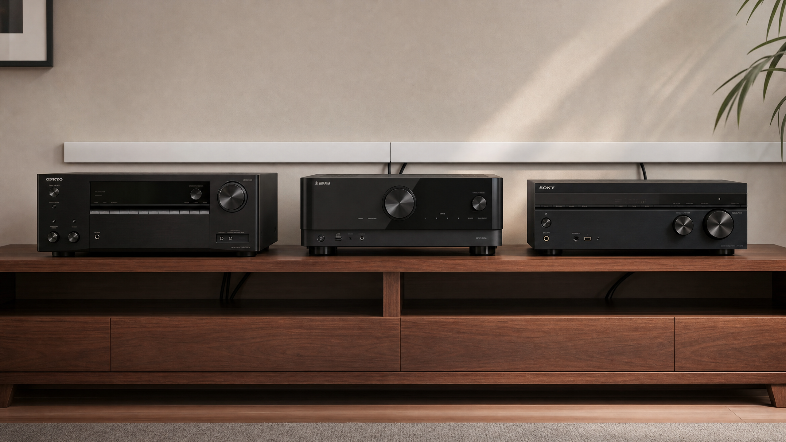 Onkyo, Yamaha, and Sony AV receivers arranged on an equipment shelf with a wall cable-management raceway