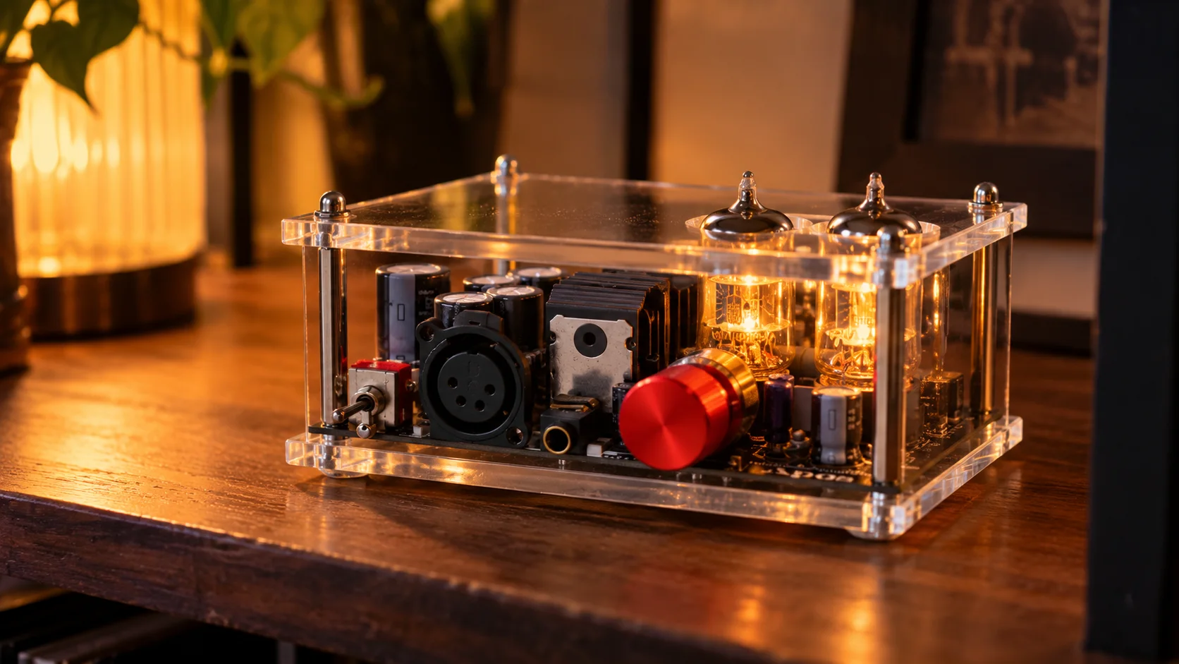Apos Gremlin tube headphone amplifier with glowing tubes, XLR socket and red knob seen from a low angle on a wooden shelf in lamplight