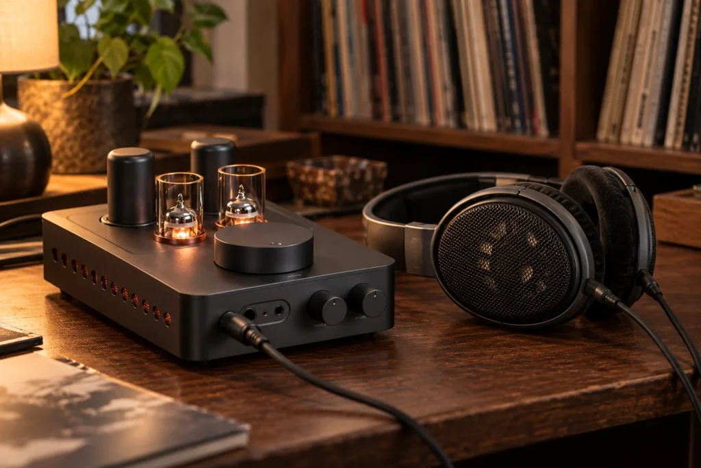 Fosi Audio GR70 tube headphone amplifier on a walnut desk next to Sennheiser HD 650 headphones