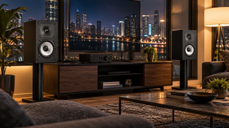Polk Monitor XT20 bookshelf speakers on stands in a modern apartment living room at night
