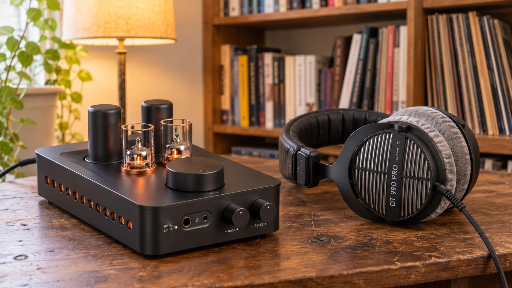 Fosi Audio GR70 tube headphone amplifier on a wooden desk next to Beyerdynamic DT 990 Pro open-back headphones